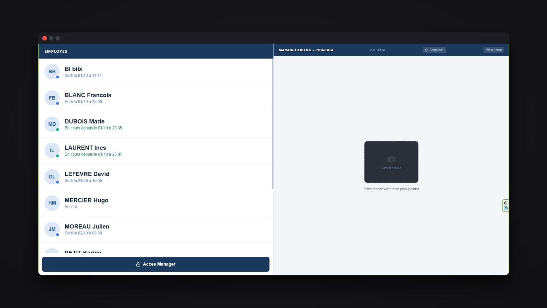 Écran de pointage sur tablette