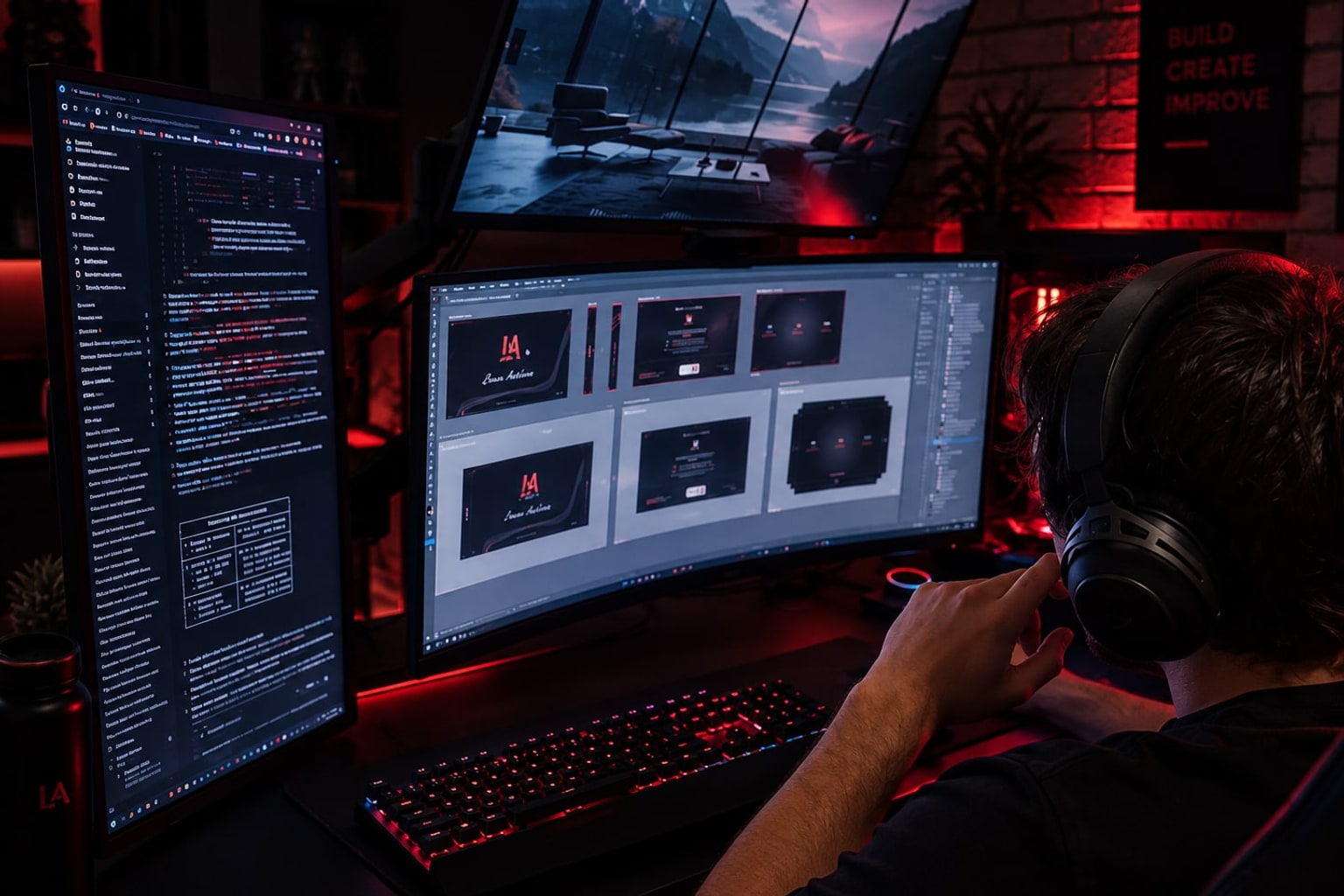 Lucas devant son setup de création, éclairage rouge